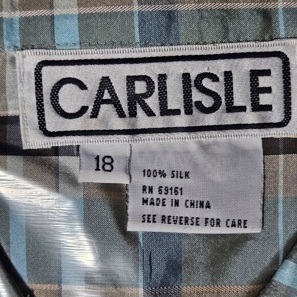 Carlisle Womens Plaid Button-Up Shirt 3/4 Sleeves Size 18 100% Silk Beige & Blue - Picture 11 of 11